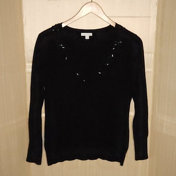 New York & Company Black V Neck Sweater Beaded Neckline XL - Picture 1 of 6